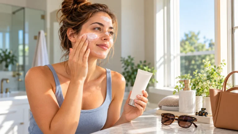 Woman applying facial moisturizer with SPF as part of her morning skincare routine
