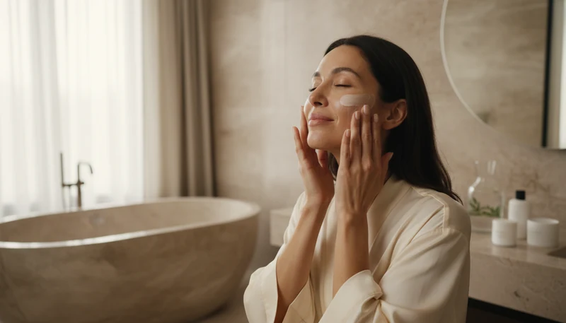 Woman applying moisturizer to her cheek during a skincare routine