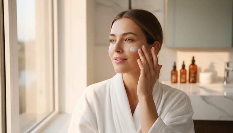 Woman applying a skincare product to her cheek near a sunlit window during her morning routine