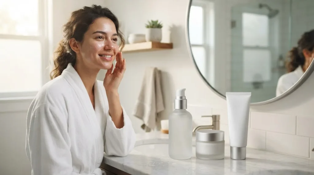 Woman applying sunscreen as the final step of her morning skincare routine