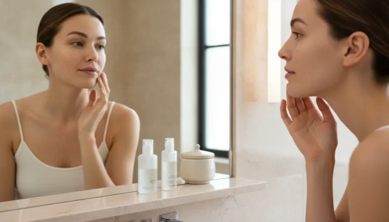 Woman observing her skin in a mirror to determine her skin type