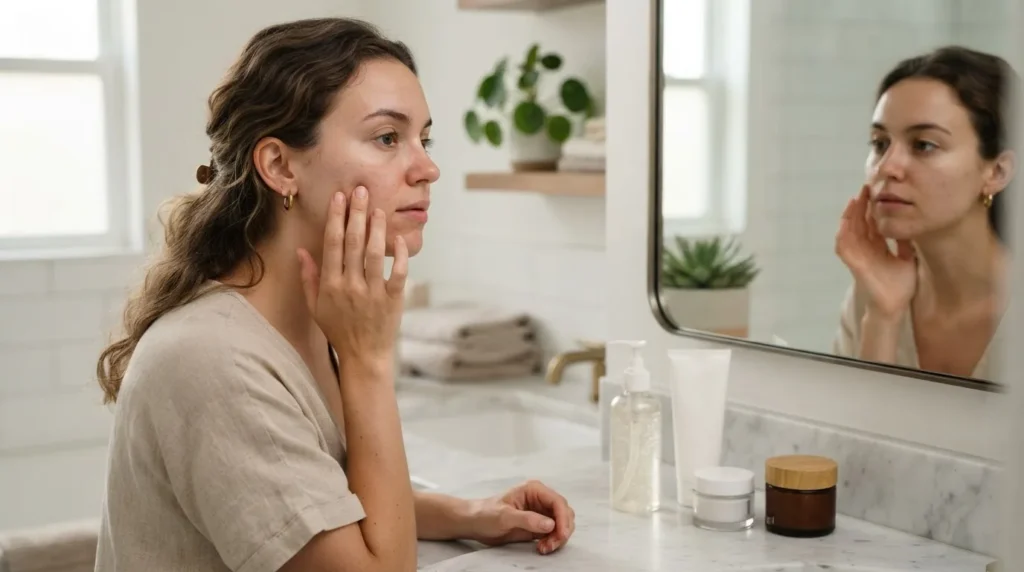 Woman choosing morning skincare products based on her skin type