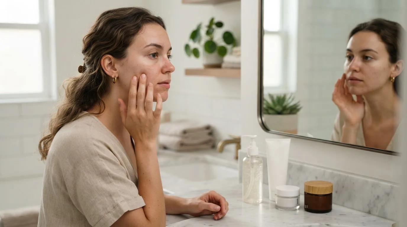 Woman choosing skincare products based on her skin type