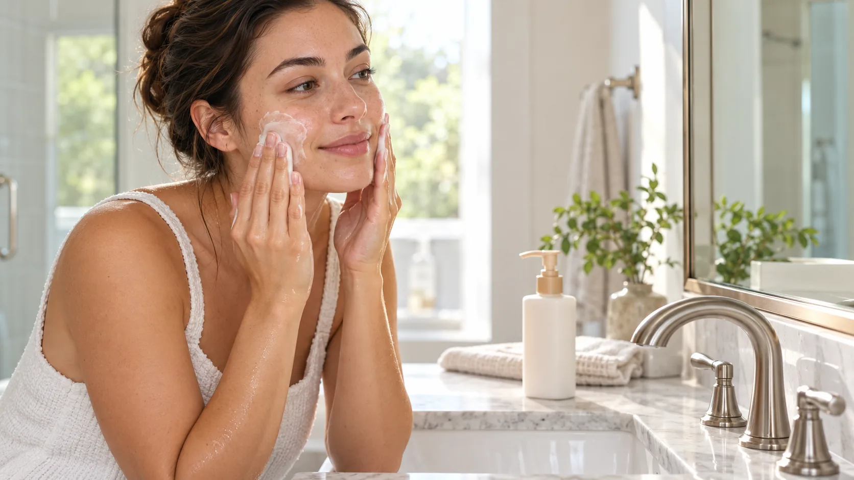 Woman cleansing her face with her fingertips at the sink
