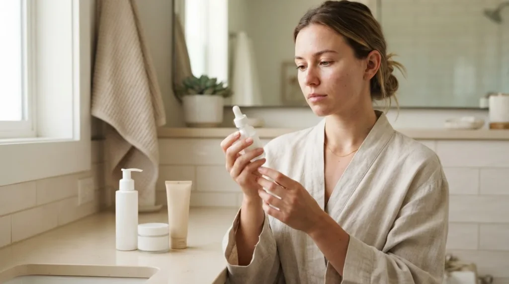 Woman examining a skincare product during her morning routine