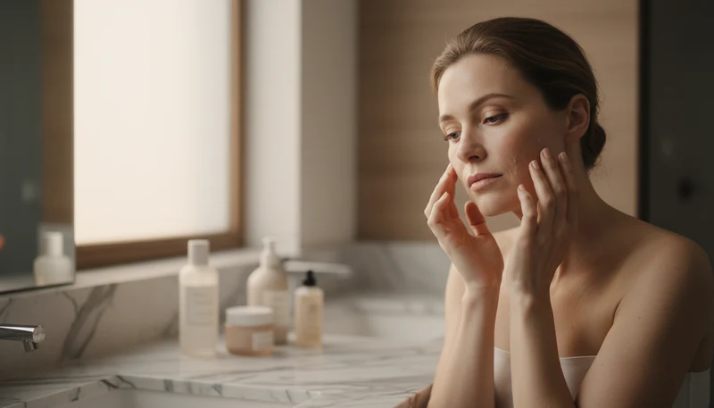 Woman examining her skin texture in a bathroom mirror