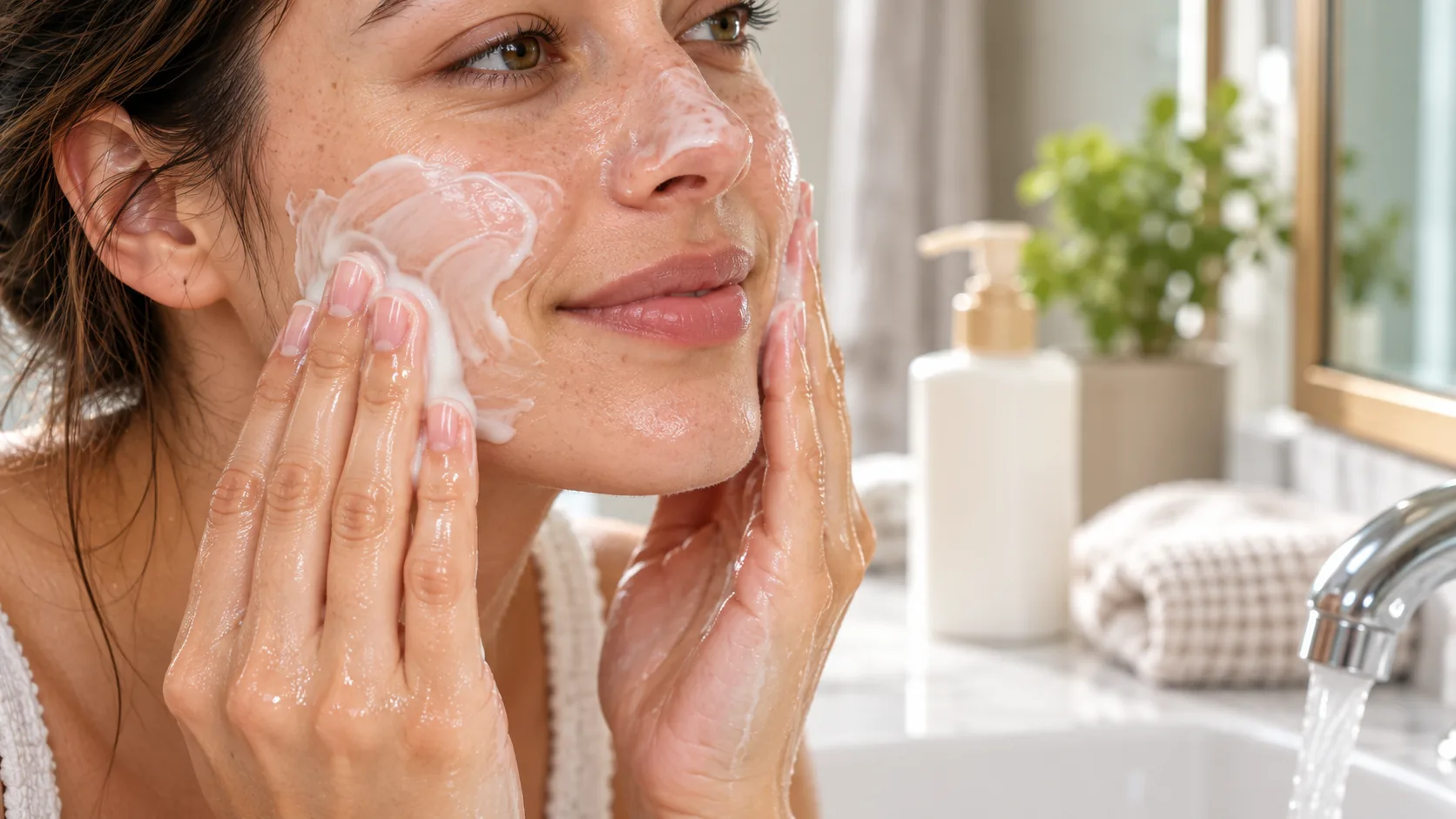 Close-up of a creamy cleanser being massaged into the skin