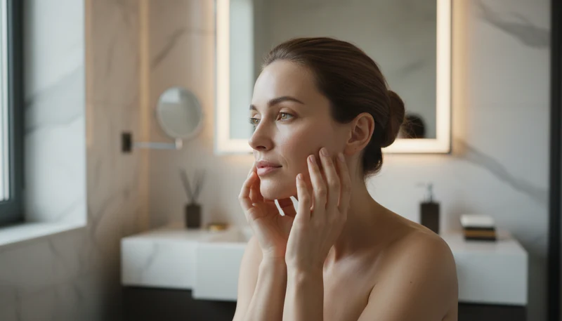 Woman gently touching her cheek to check her skin's hydration