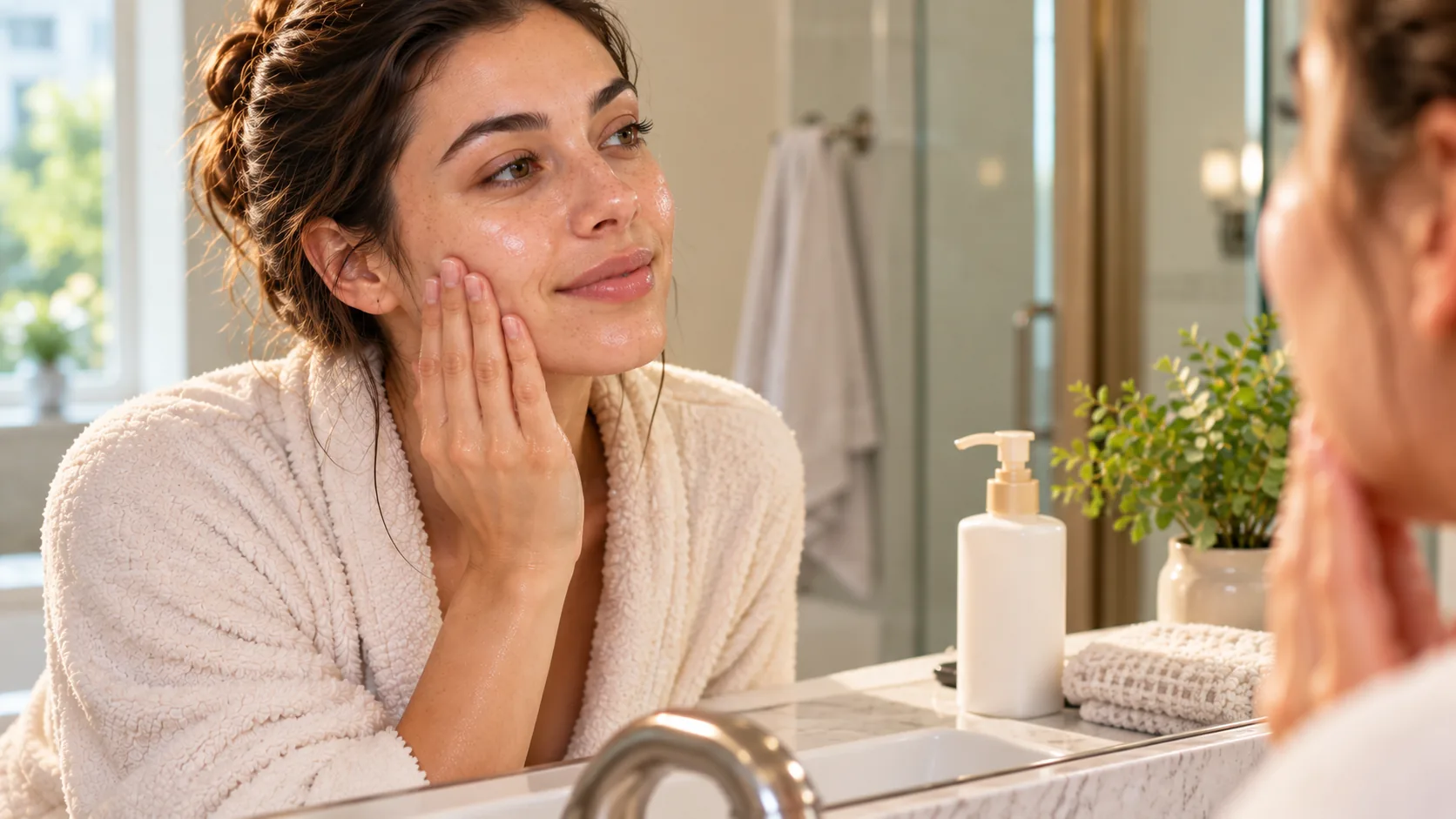 Woman gently checking her skin after rinsing her face clean