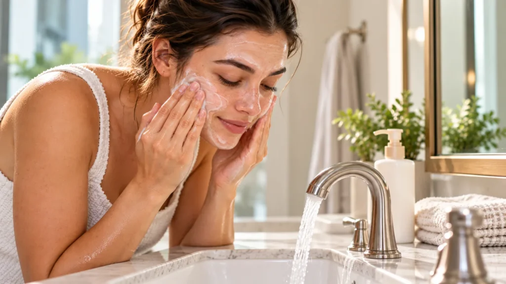 Woman gently cleansing her face with a creamy cleanser at a bathroom sink