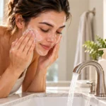 Woman gently cleansing her face with a creamy cleanser at a bathroom sink