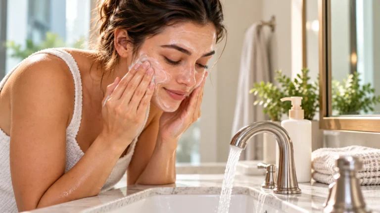 Woman gently cleansing her face with a creamy cleanser at a bathroom sink