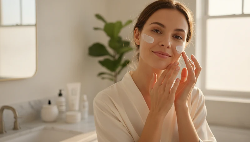 Woman applying a skincare product as part of her daily routine