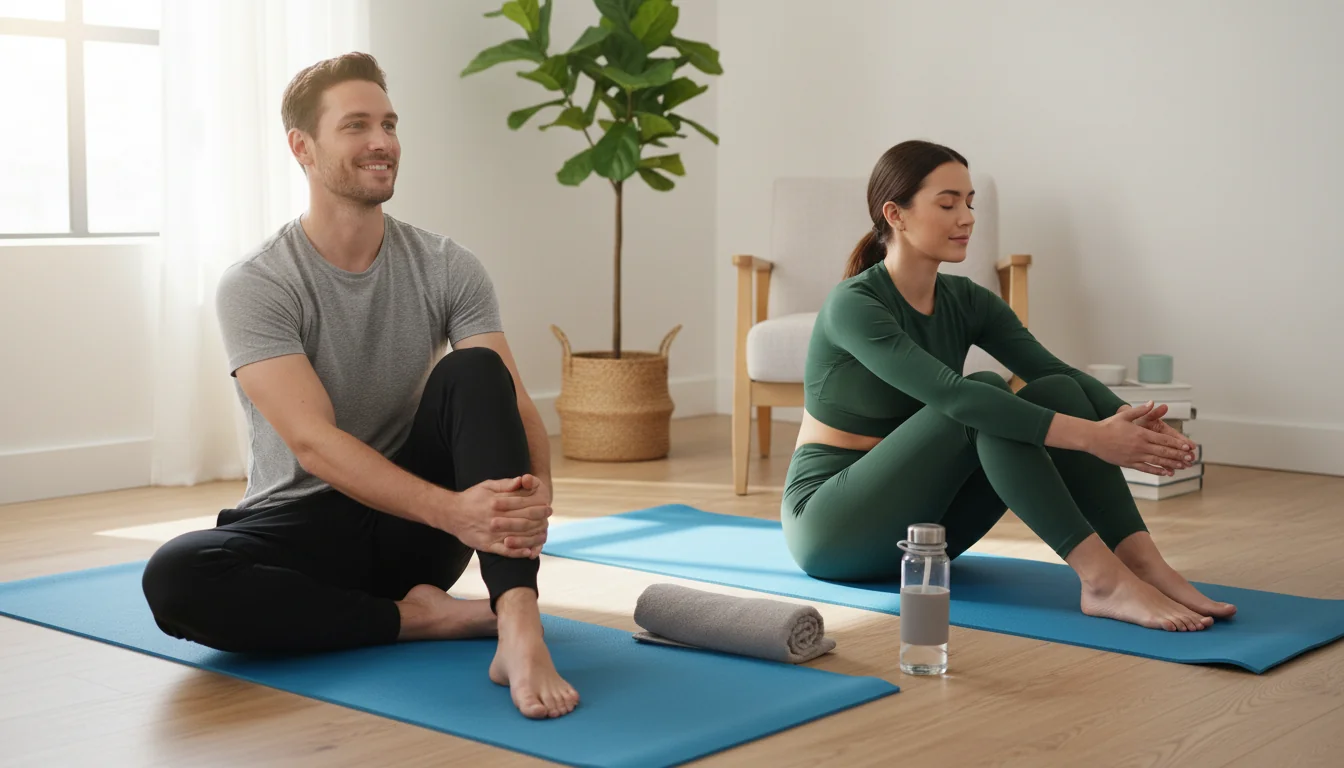 Person stretching at home during a rest day as part of workout recovery