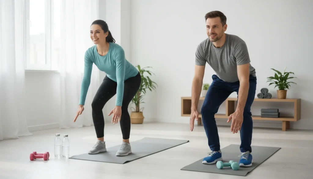 Man and woman preparing to start a simple beginner workout routine together