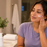 Woman applying a lightweight facial lotion to her cheek