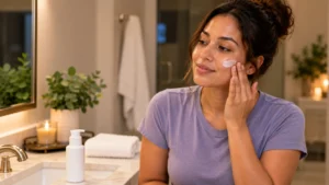 Woman applying a lightweight facial lotion to her cheek