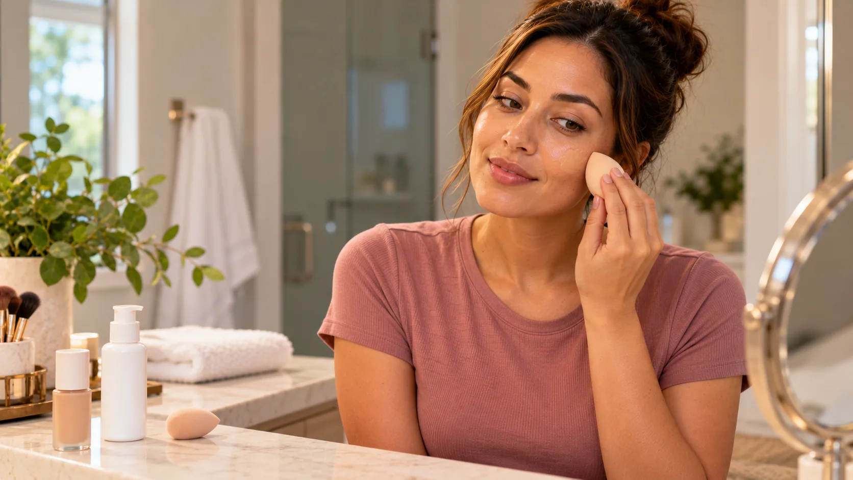Woman applying makeup with a sponge after her facial moisturizer has absorbed