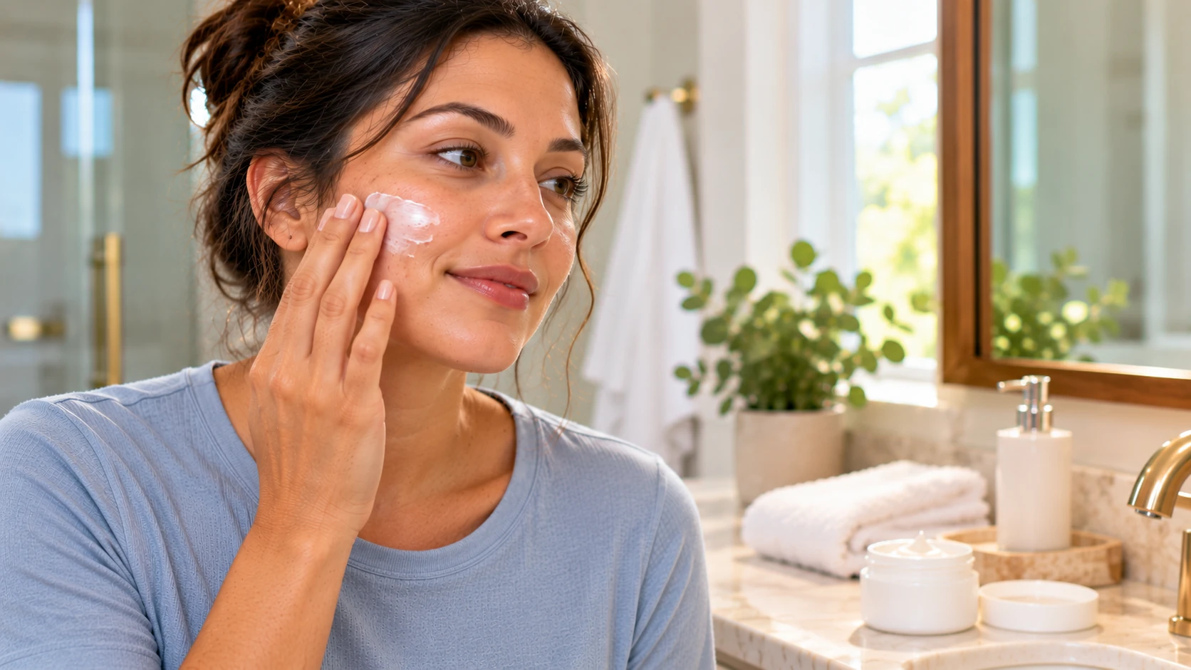 Woman smoothing moisturizer over her cheek as part of a basic skincare routine
