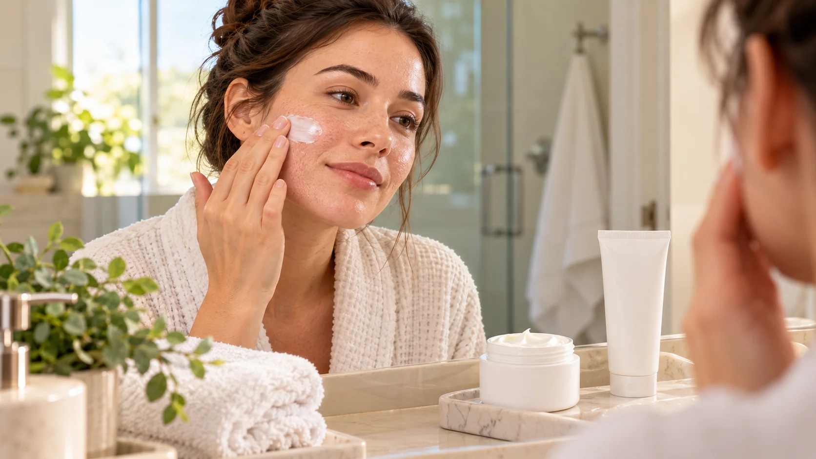Woman gently applying moisturizing cream to dry-looking facial skin
