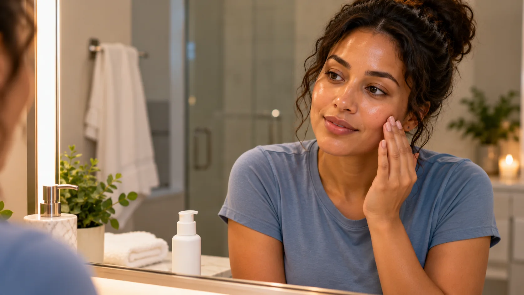 Woman applying a nighttime facial moisturizer while looking in the bathroom mirror