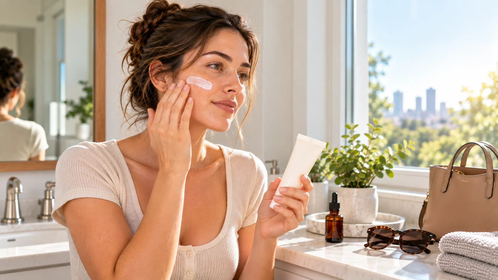 Woman applying a skincare product to her cheek during her daytime skincare routine