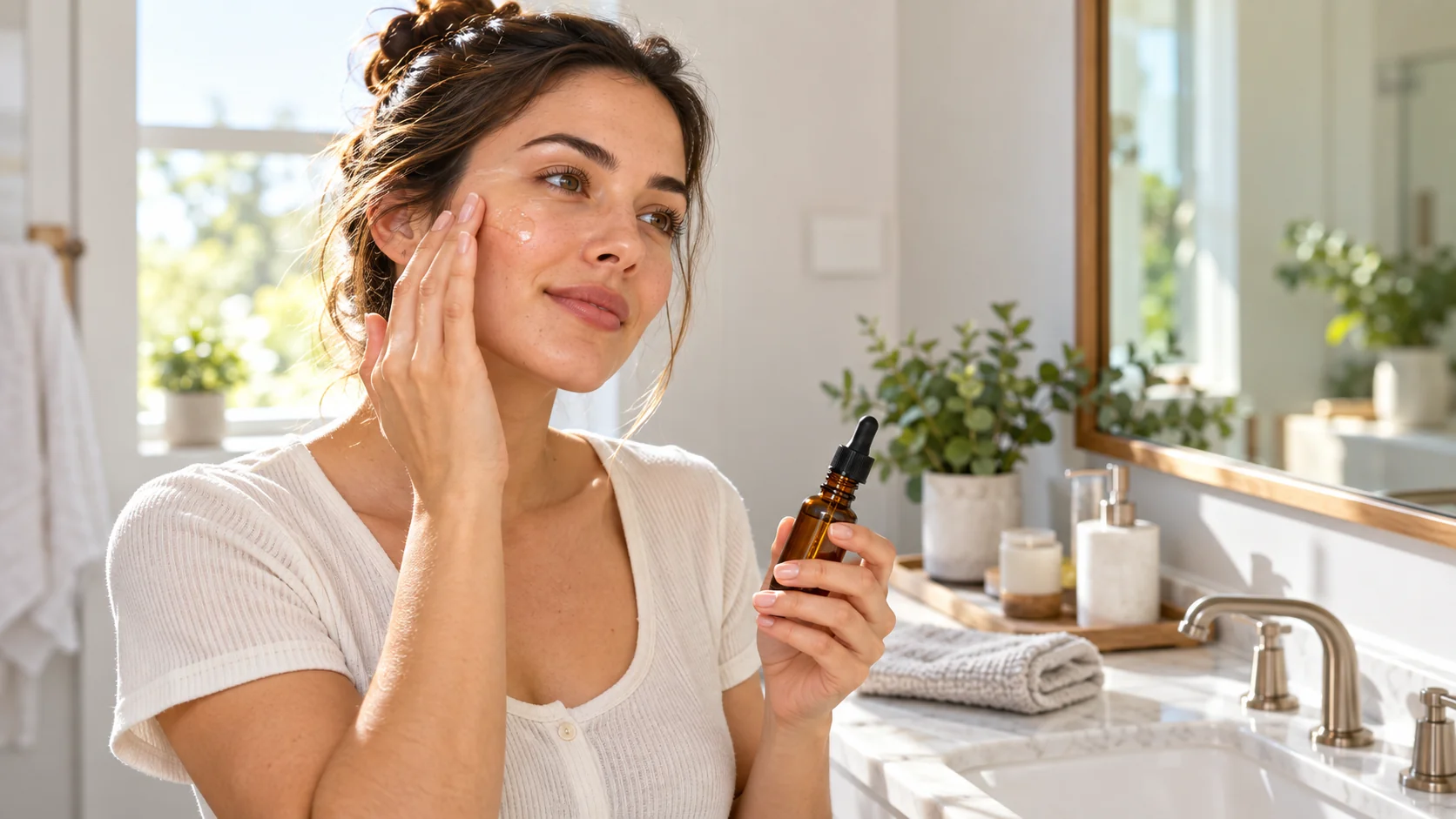 Close-up of a woman applying vitamin C serum from a dropper bottle to her cheek in front of a mirror