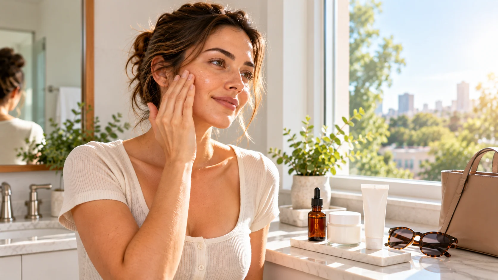 Woman applying vitamin C serum to her cheek by a sunlit window as part of her morning routine