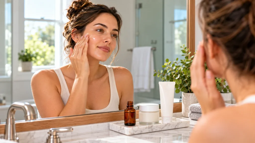 Woman smiling while applying vitamin C serum to her face in front of a bathroom mirror