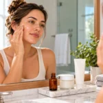 Woman smiling while applying vitamin C serum to her face in front of a bathroom mirror