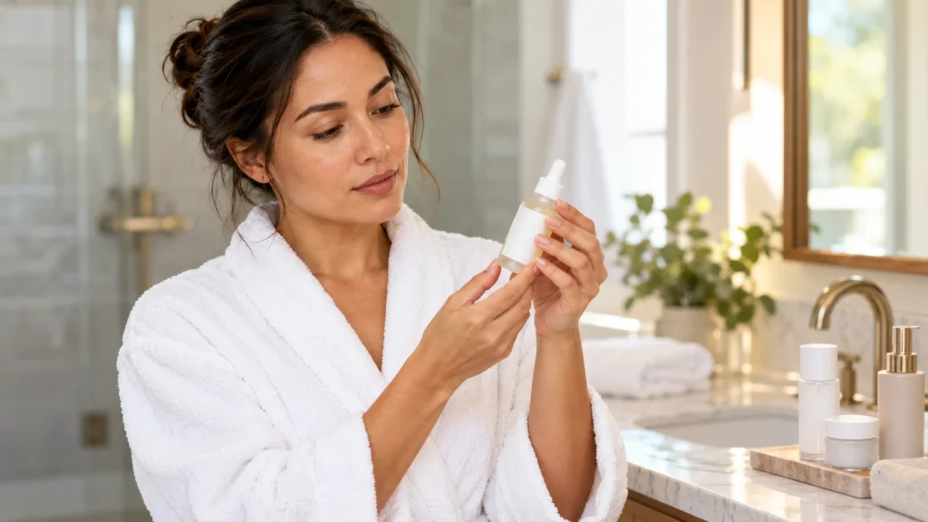 Woman reading the ingredient label on an unbranded skincare serum bottle