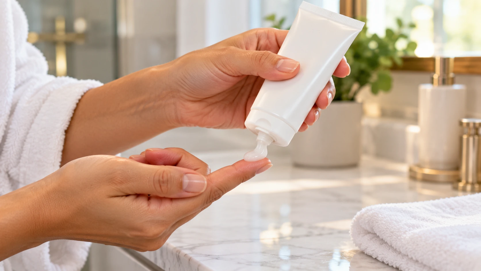 Close-up of a hand dispensing unbranded skincare cream onto a fingertip