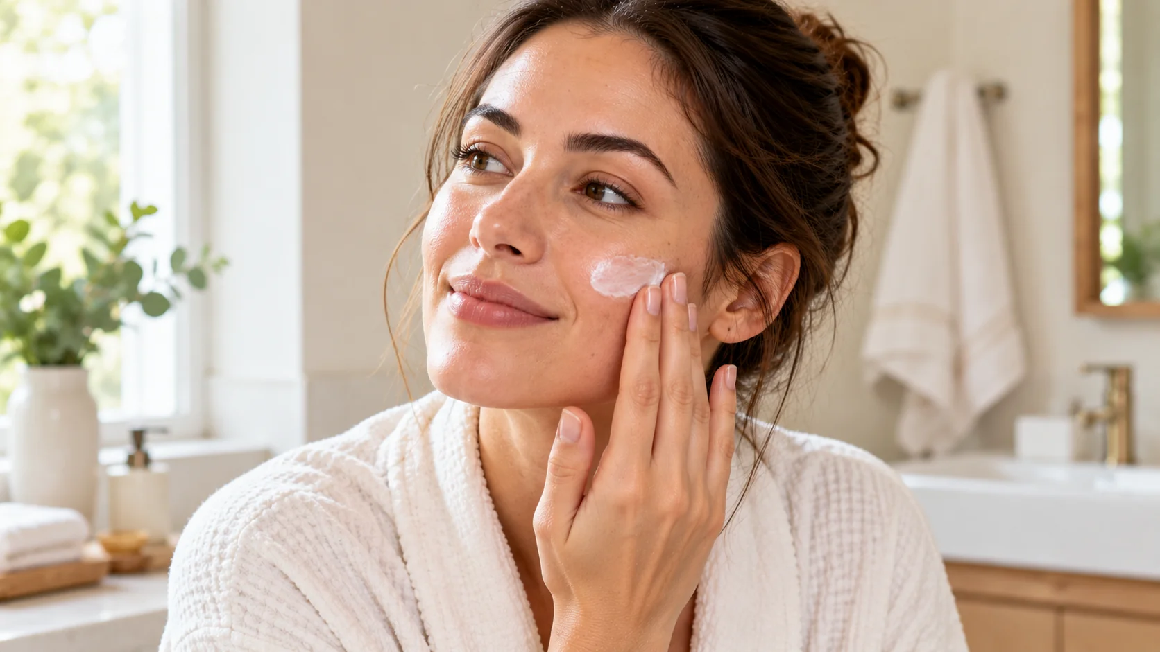 Adult applying moisturizer to their cheek with fingertips as part of a skincare routine