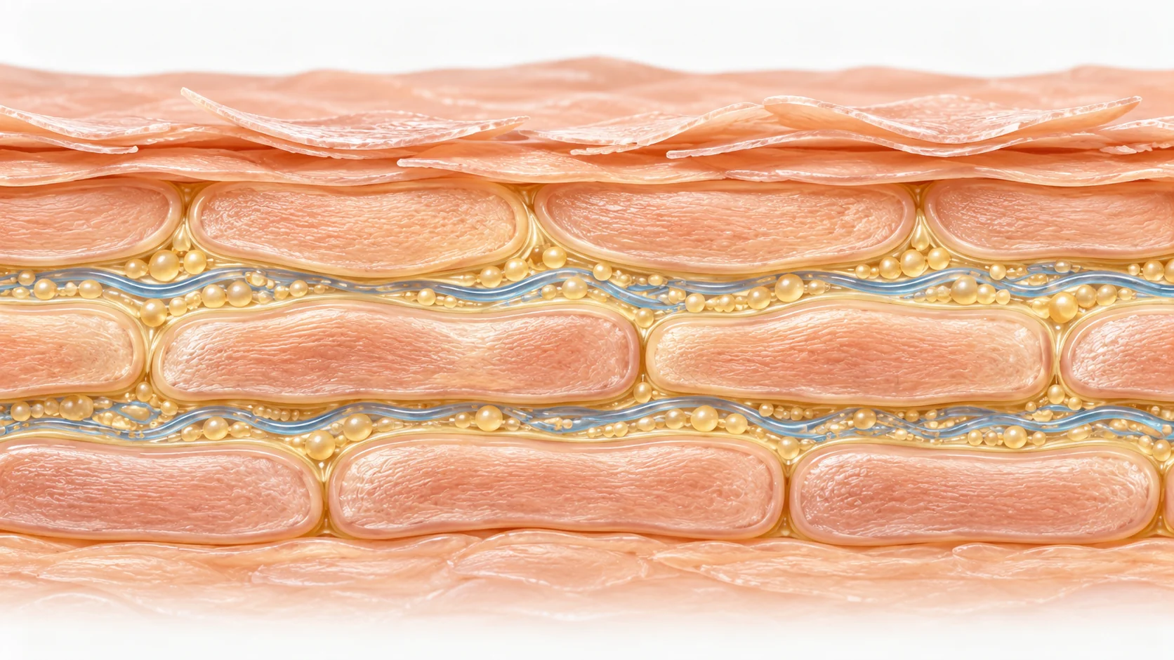 Illustration of the skin's layered barrier structure, showing skin cells with lipid layers in between