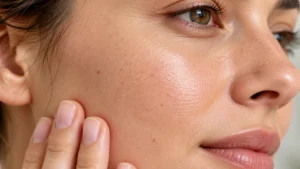 Close-up of smooth, hydrated adult skin, showing natural texture and a healthy-looking complexion