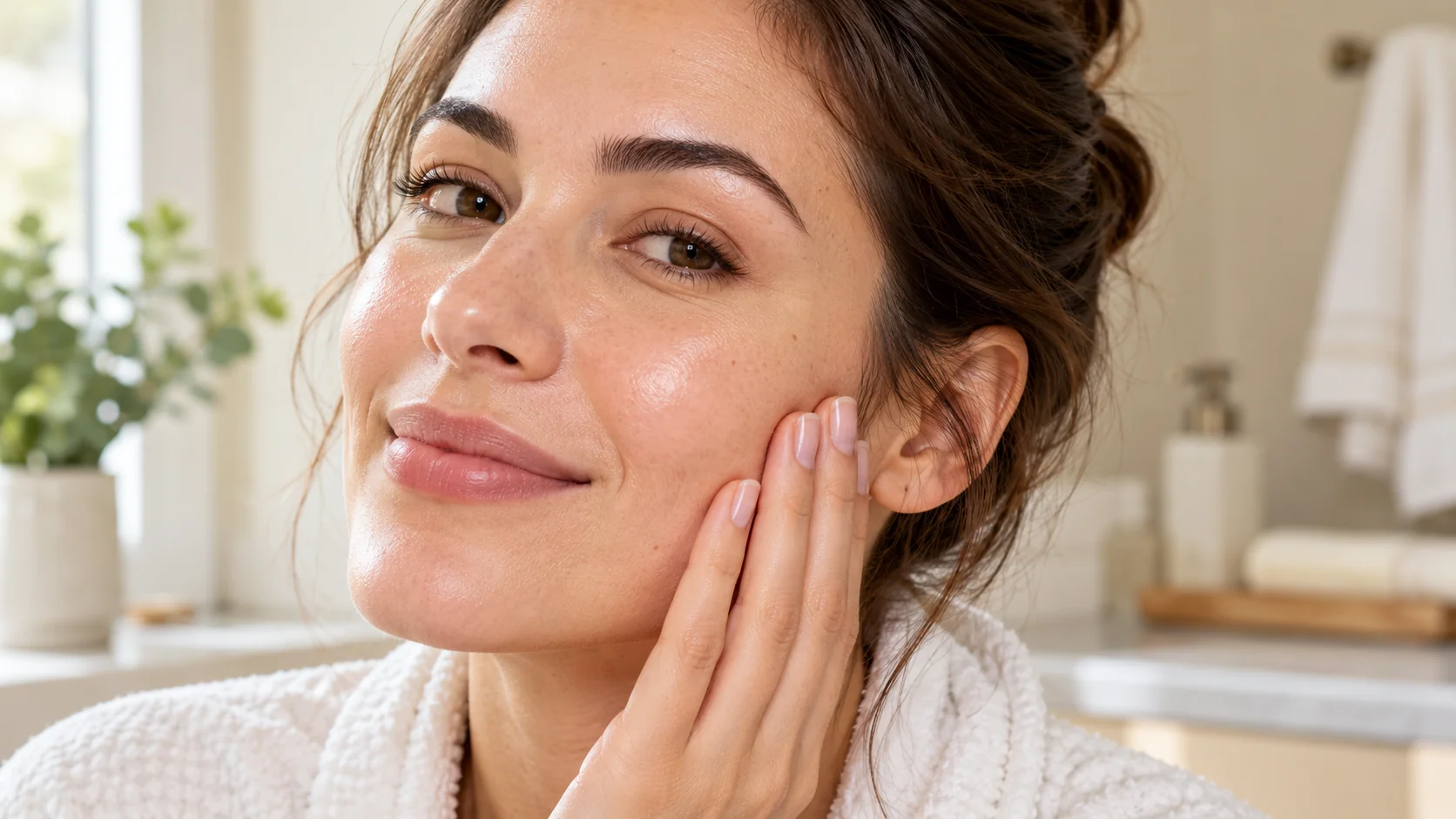 Smiling adult gently touching their cheek, with healthy, well-moisturized-looking skin