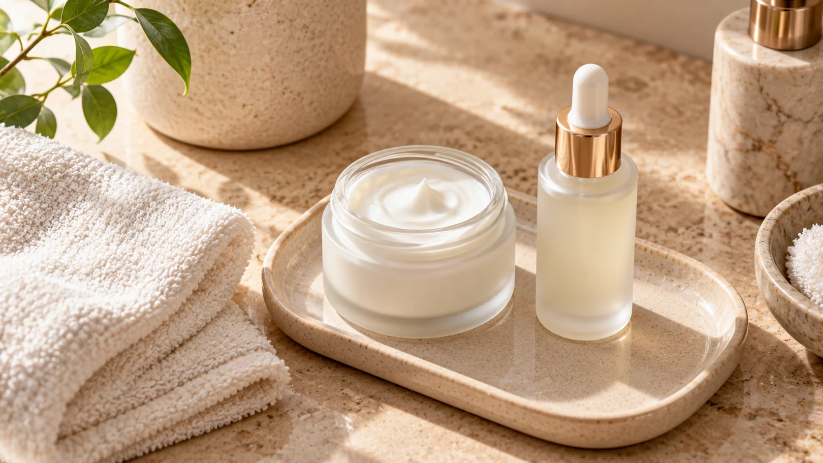 Skincare moisturizer jar and dropper bottle arranged on a tray as part of a layered routine
