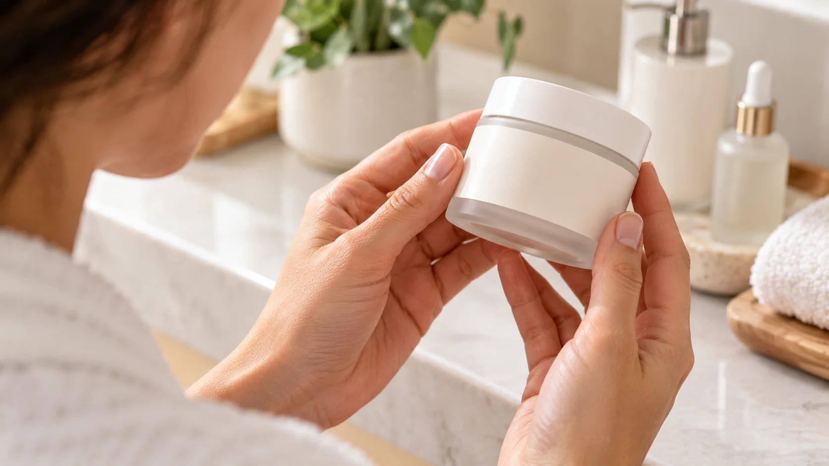 Adult examining the label on a plain moisturizer jar while shopping for skincare