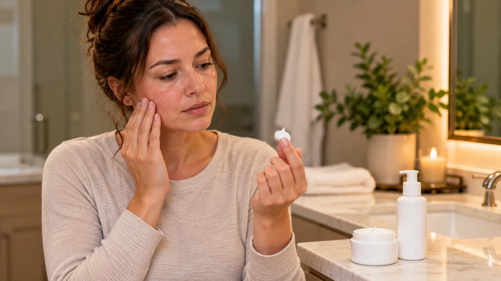 Woman checking the texture of a facial moisturizer on her fingertips before applying it