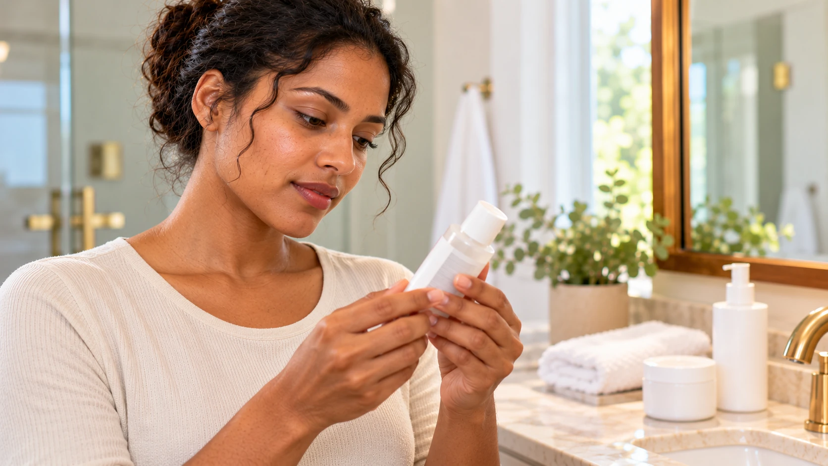 Person carefully checking the ingredient list on an unbranded skincare bottle before use