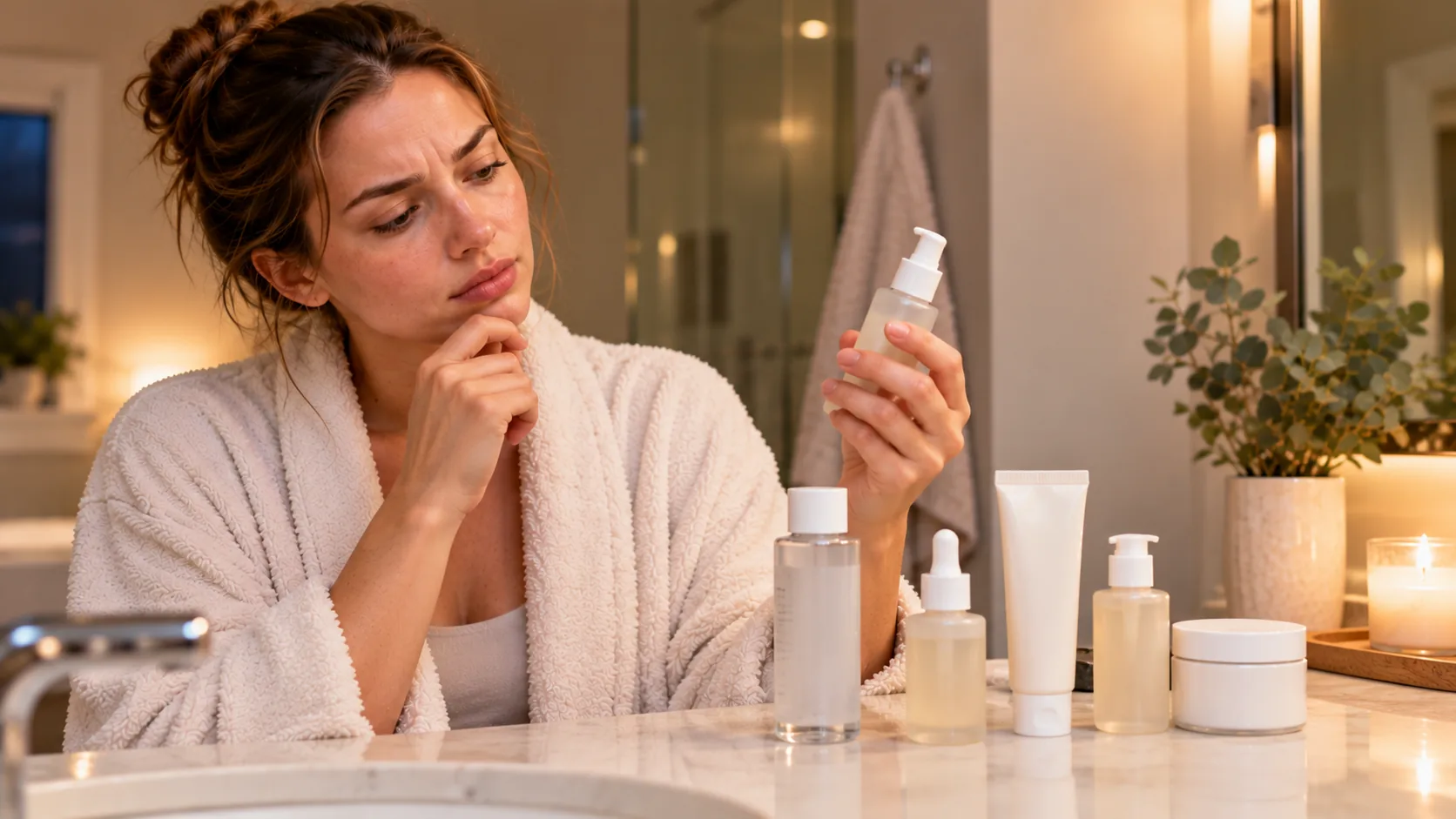 Woman considering a pump bottle with several other skincare products lined up on the counter