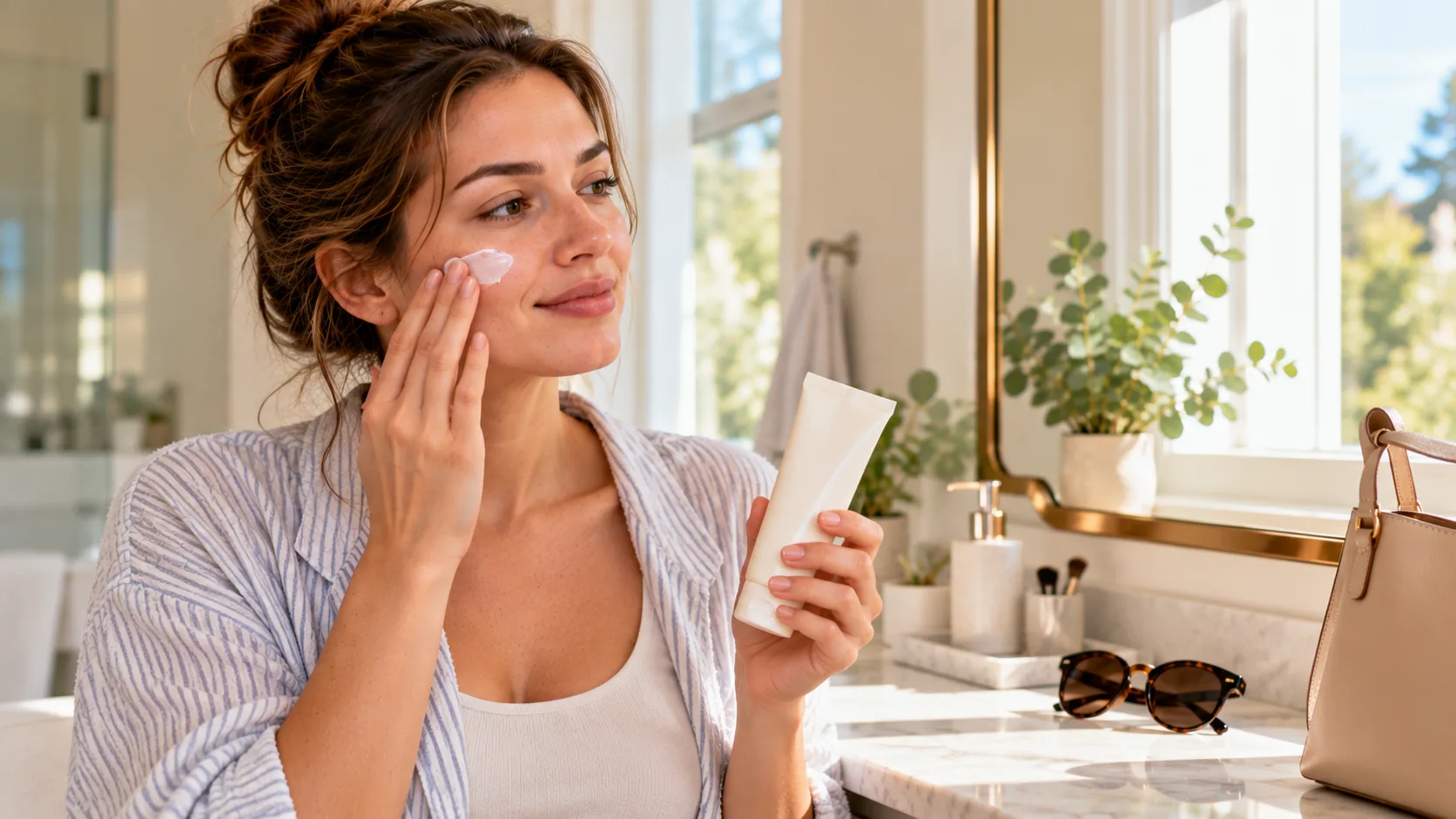 Woman applying a facial product as part of her daytime routine