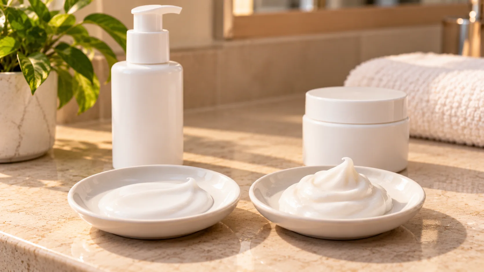 Two dishes comparing a lightweight lotion texture next to a pump bottle and a richer cream texture next to a jar