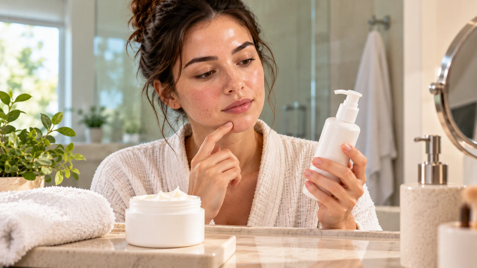 Woman comparing rich cream and lightweight lotion for oily-looking skin