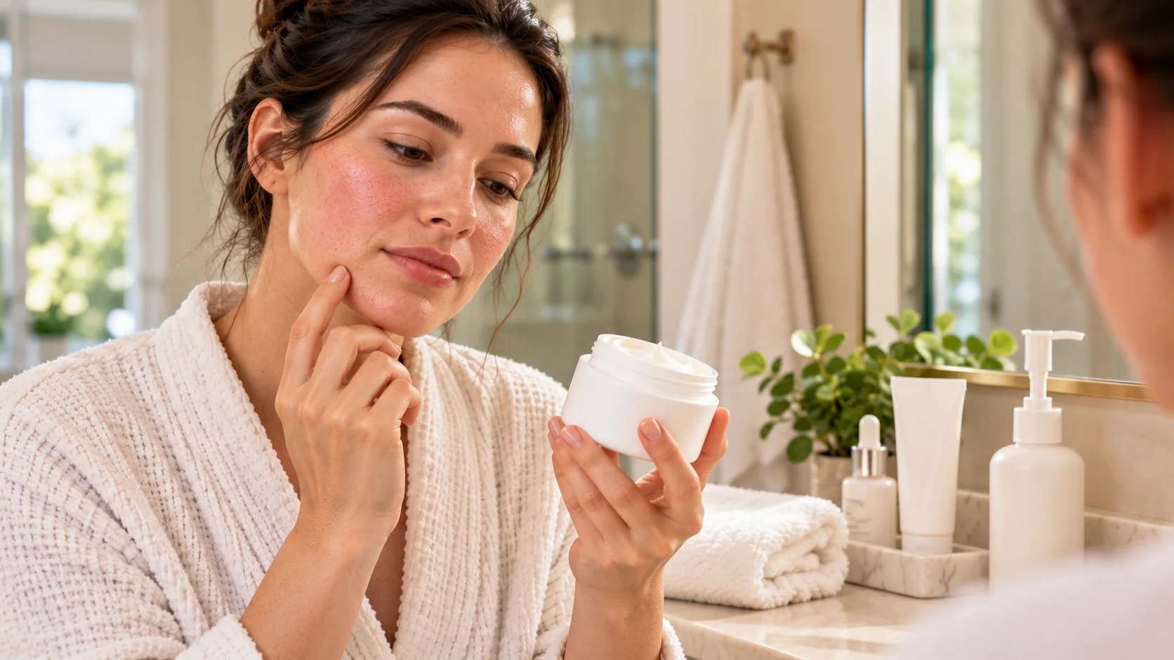 Woman considering a moisturizing cream for sensitive-looking facial skin