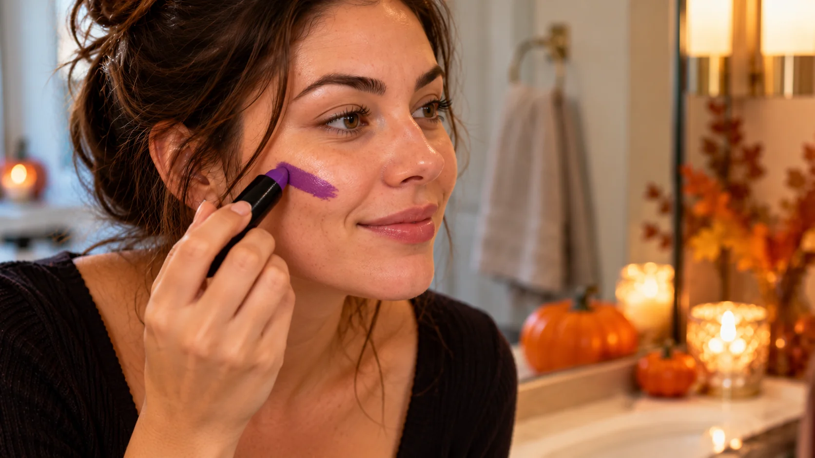 Hand applying cream face paint directly from a stick with no brush