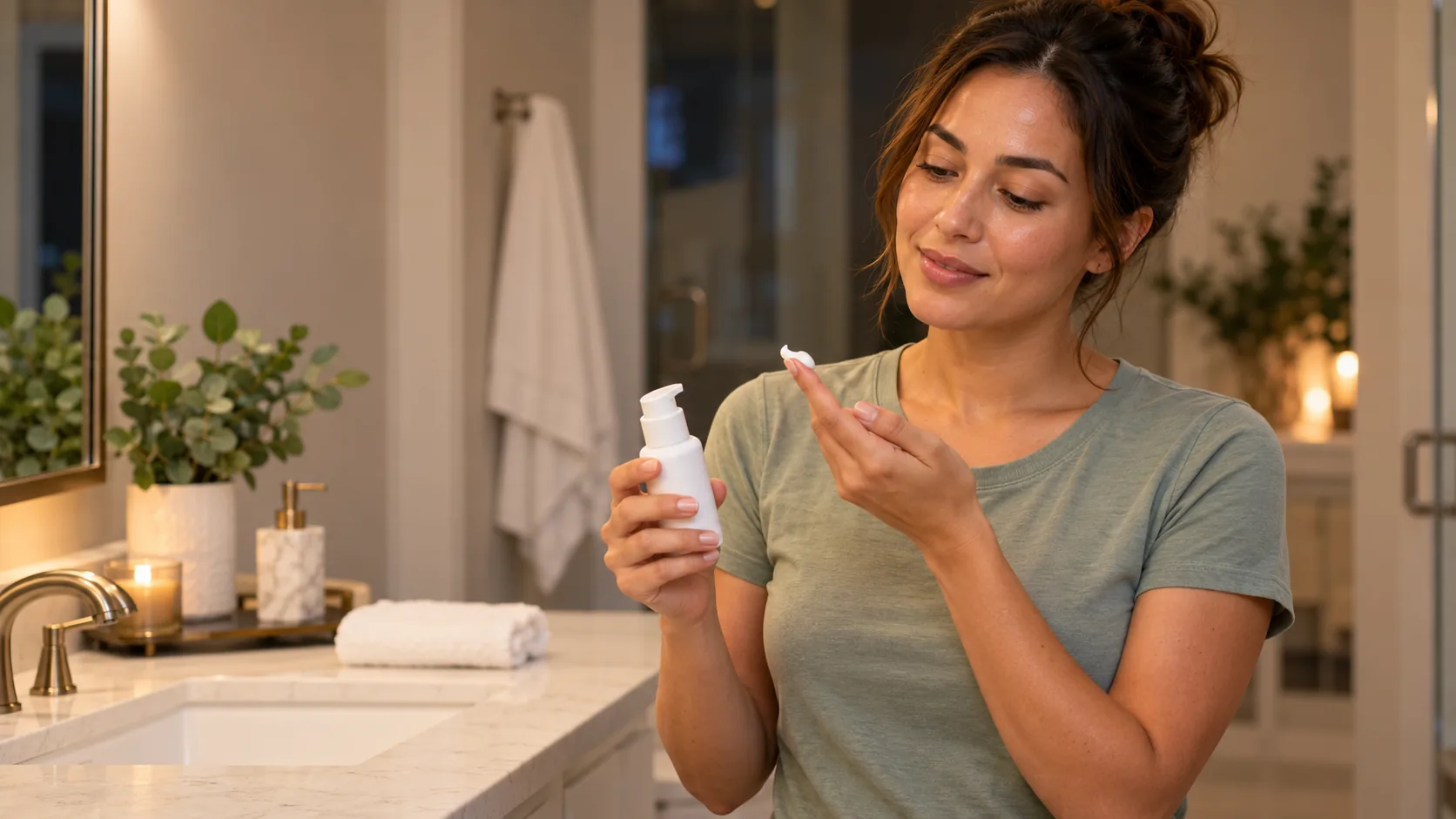 Woman dispensing facial moisturizer from a pump bottle onto her fingertip