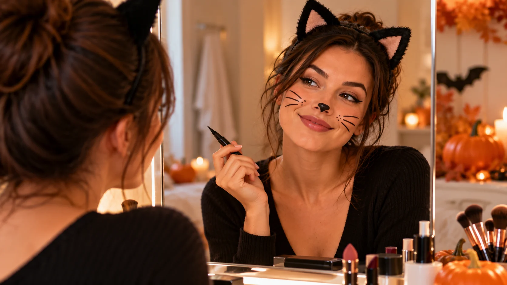 Finished easy cat Halloween makeup with winged liner and whisker lines