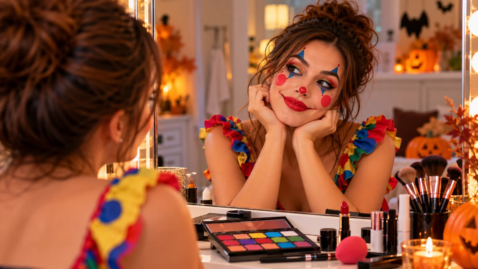 Playful clown Halloween makeup with bright round cheek color and a bold red lip