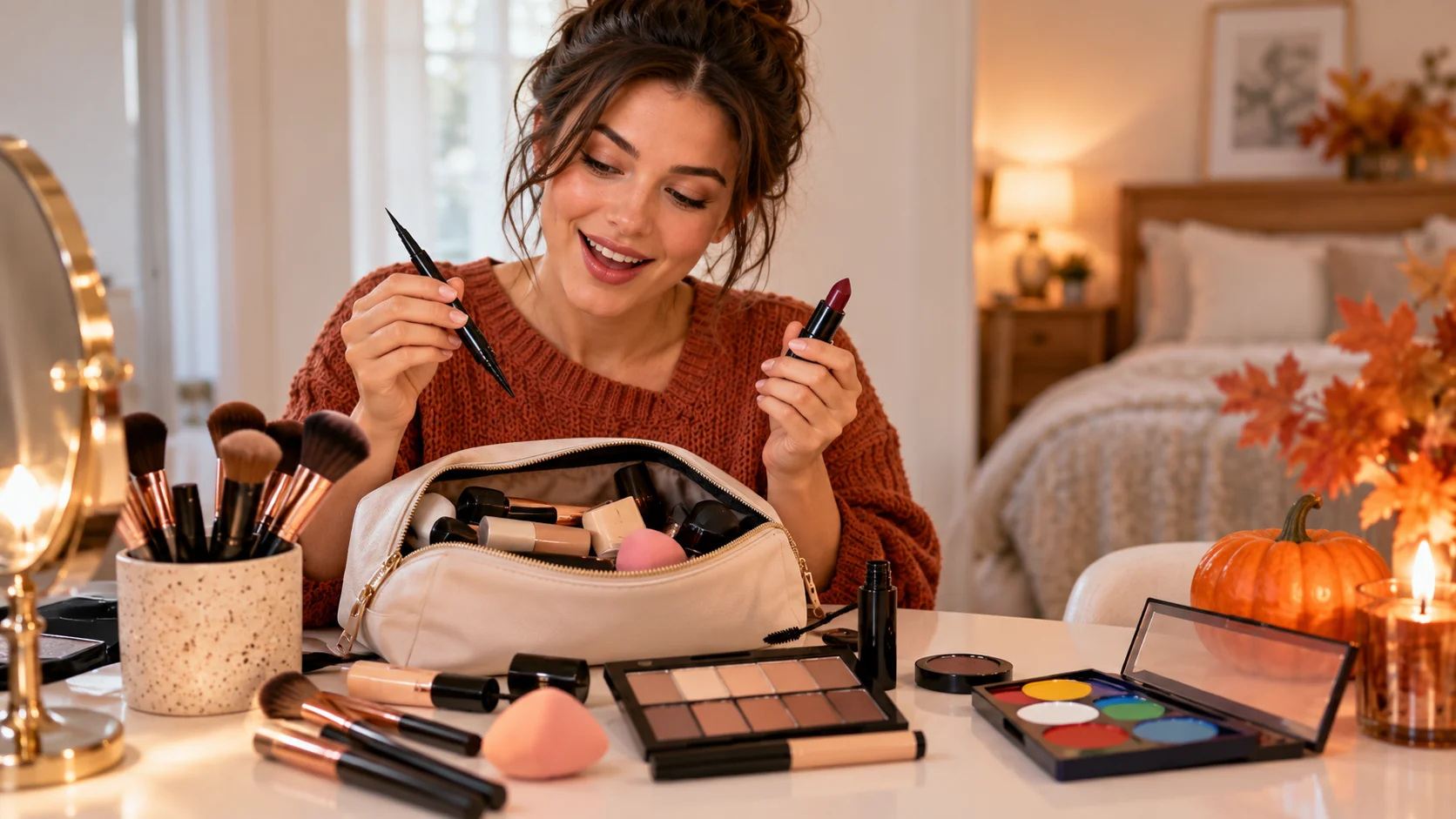 An open everyday makeup bag with brushes, eyeshadow, and lipstick to check before buying anything new